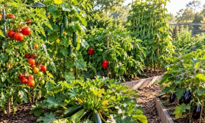 Summer vegetables garden with tomatoes, cucumbers, peppers, beans, and zucchini growing in sunny garden beds