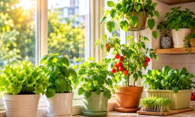 Small indoor vegetable garden with lettuce, herbs, and tomato plants growing in containers