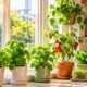 Small indoor vegetable garden with lettuce, herbs, and tomato plants growing in containers