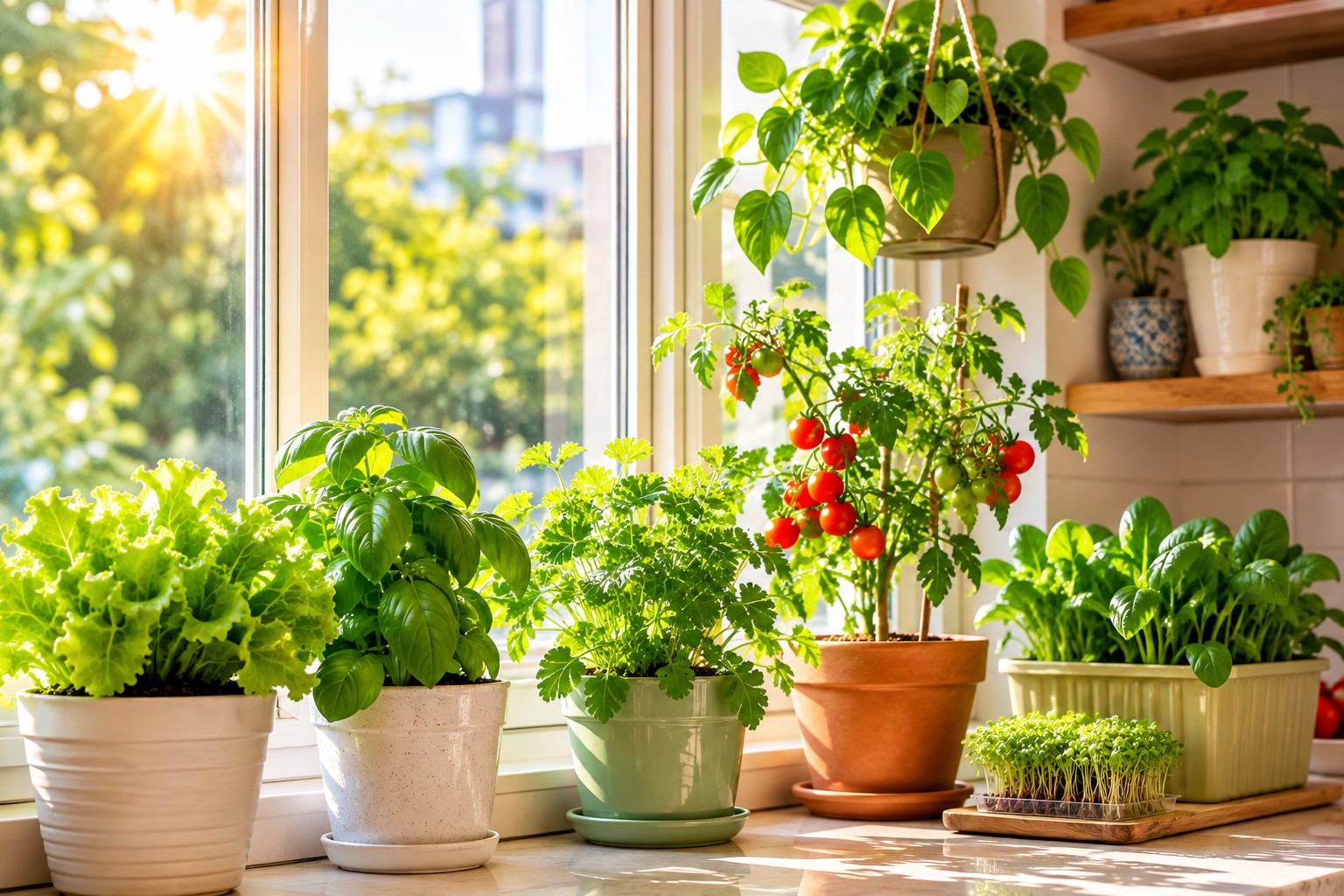 Small indoor vegetable garden with lettuce, herbs, and tomato plants growing in containers