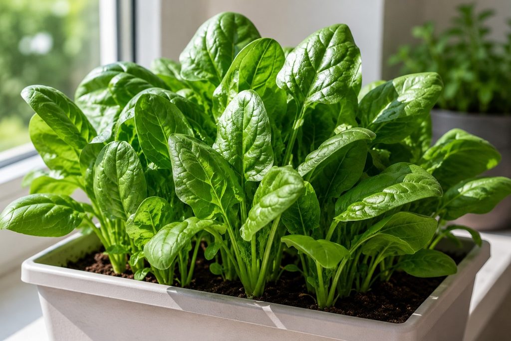 Healthy spinach leaves growing in a cool-season