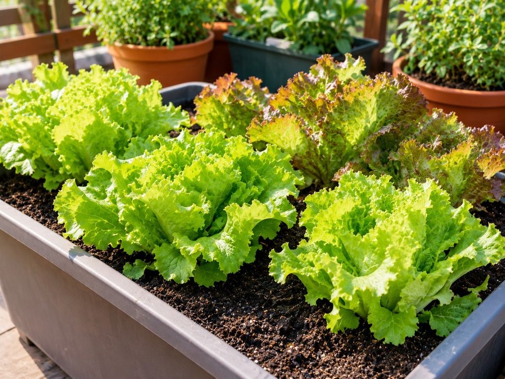 Leaf lettuce growing in a container in a small vegetable garden