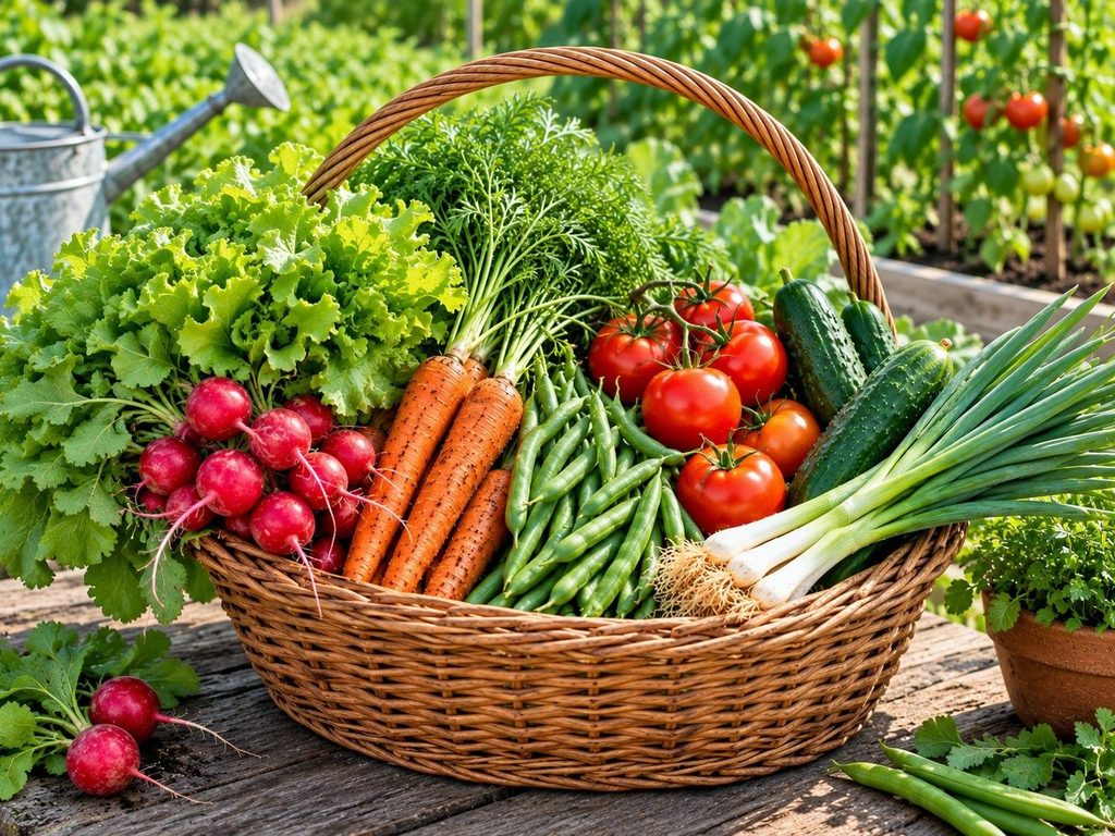 Freshly harvested vegetables arranged in a basket in a home vegetable garden