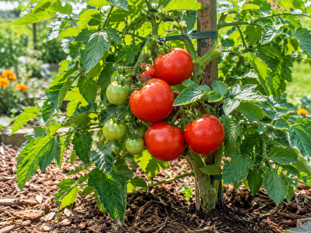 Ripe red tomatoes growing on a supported tomato plant