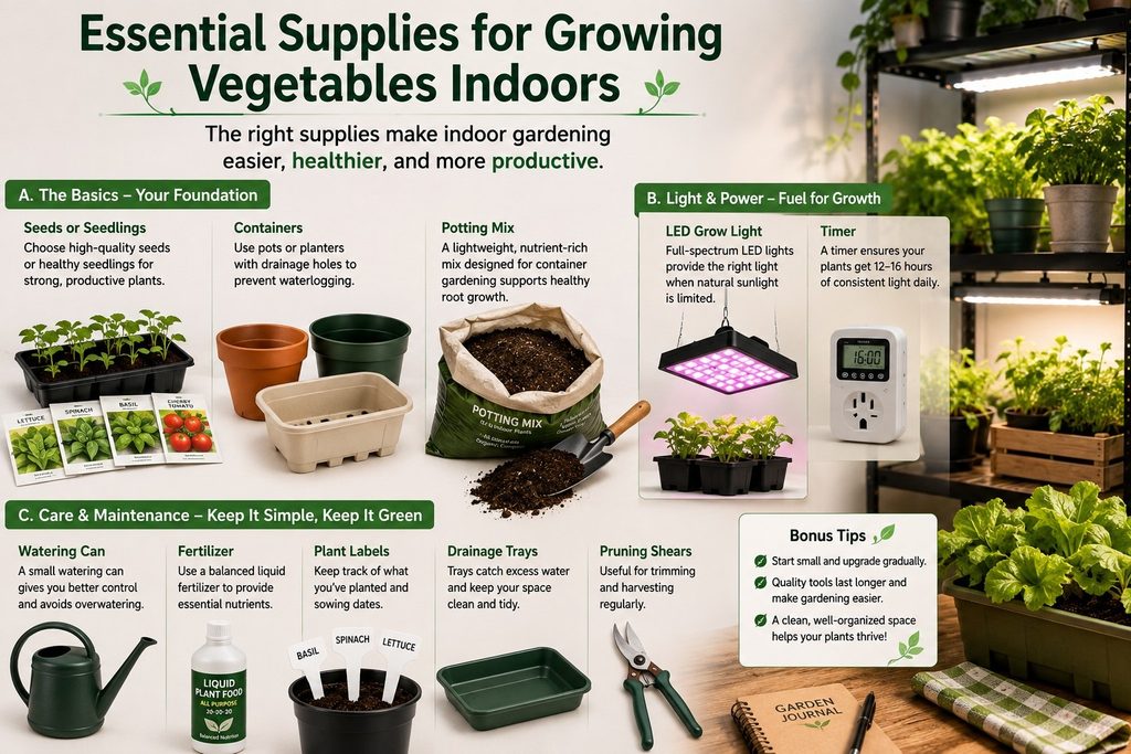 Essential supplies for indoor vegetable gardening, including pots, seeds, potting mix, and a watering can.