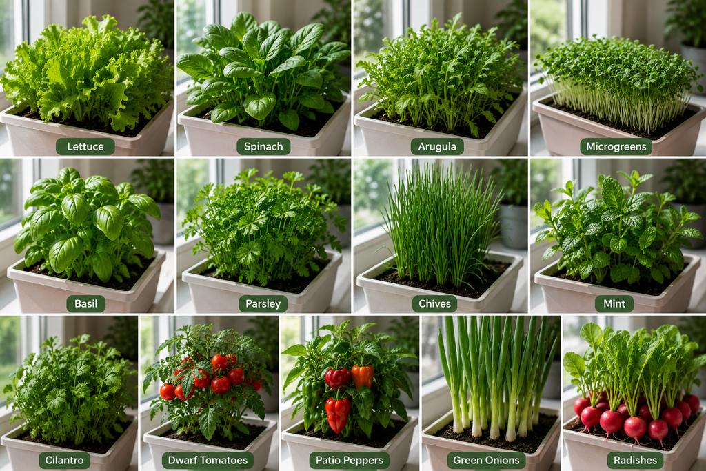 Lettuce, spinach, radishes, green onions, herbs, and a dwarf tomato plant growing indoors