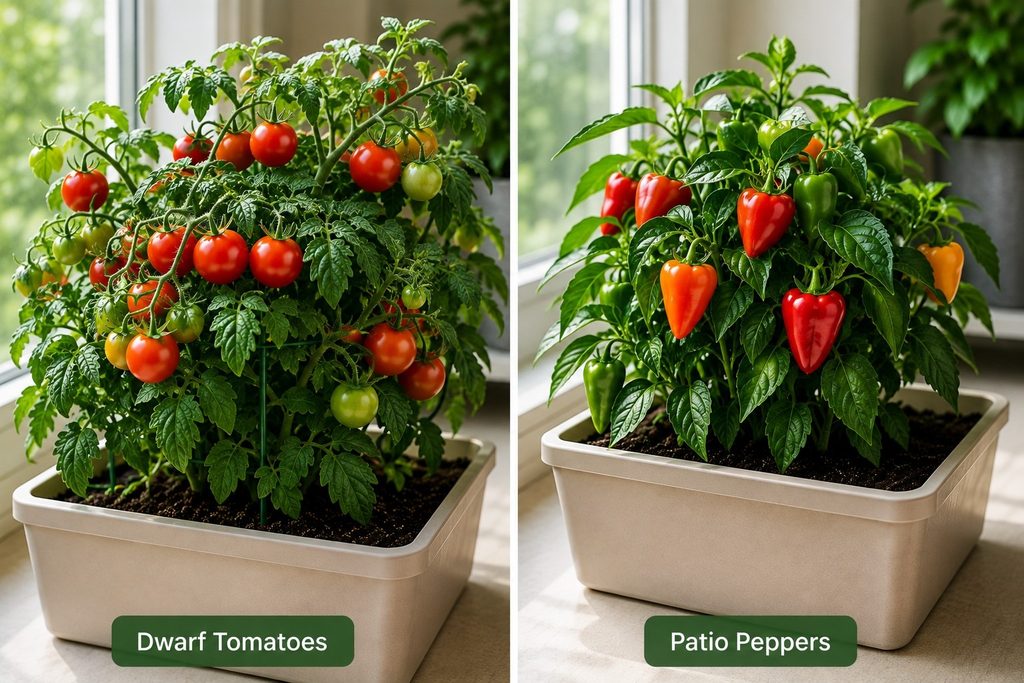 Dwarf tomatoes and patio pepper growing indoor in containers
