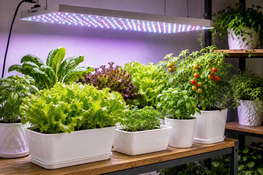 Lettuce, spinach, tomatoes and herbs growing under an LED grow light on an indoor shelf
