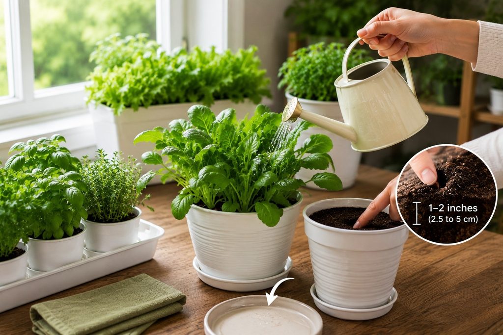Watering the potting mix at the base of an indoor spinach plant in a container