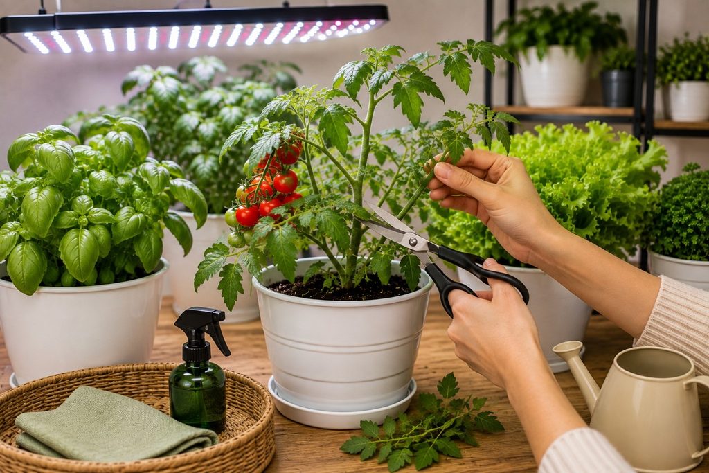 pruning the tomato plant and indoor leafy greens