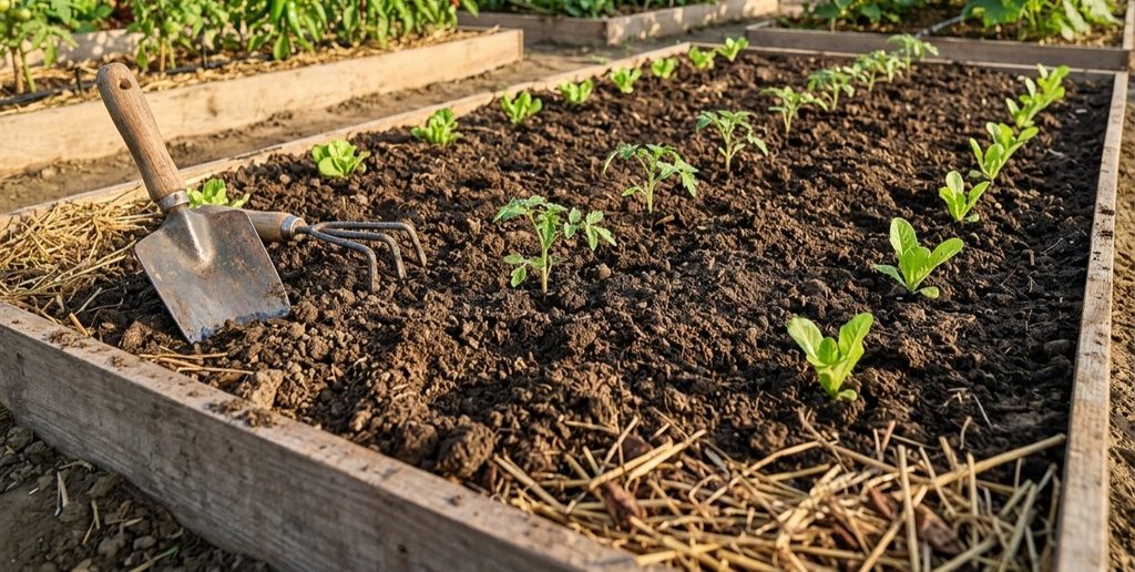 Vegetable garden bed prepared with loose soil and mature compost