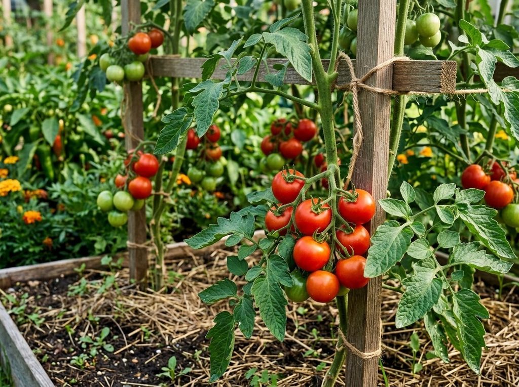 Red and green tomatoes growing on supported tomato plants in a summer vegetable garden