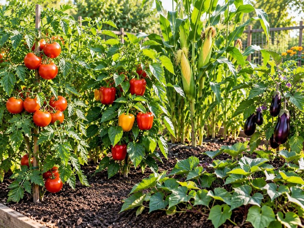 Fresh summer vegetables including tomatoes, peppers, eggplant, and sweat corn