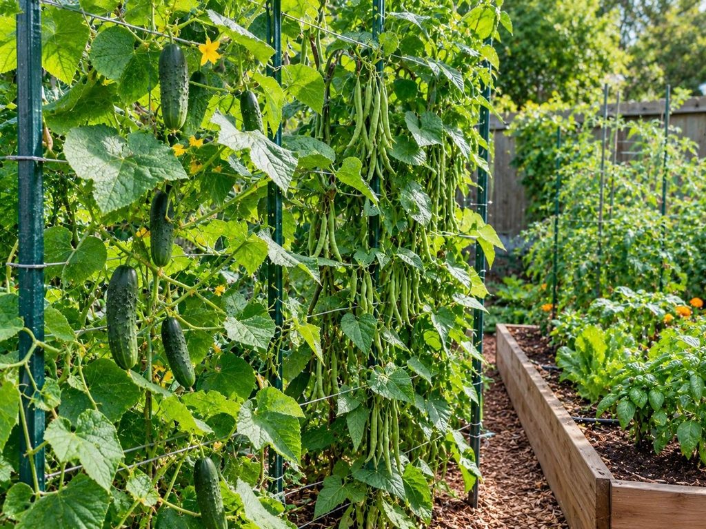 Cucumbers and pole beans growing vertically on trellises in a small summer vegetable garden
