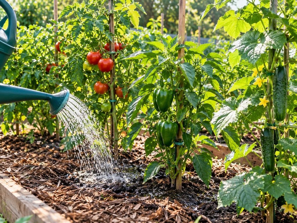 Water being applied to the soil around tomato and pepper plants in a mulched summer vegetable garden
