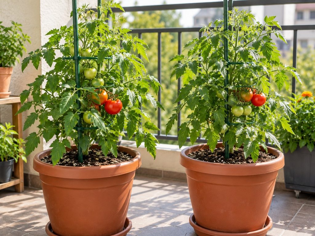 growing tomatoes plants in containers on a sunny balcony