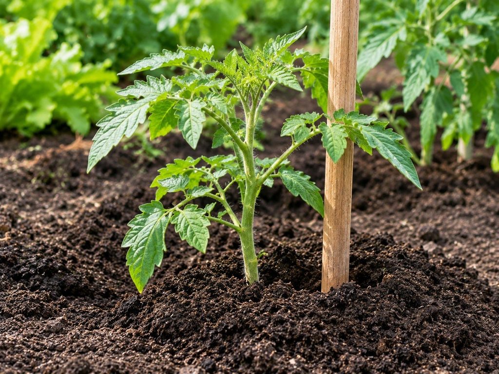 young tomato seedling planted deeply in prepared garden soil beside a support stake